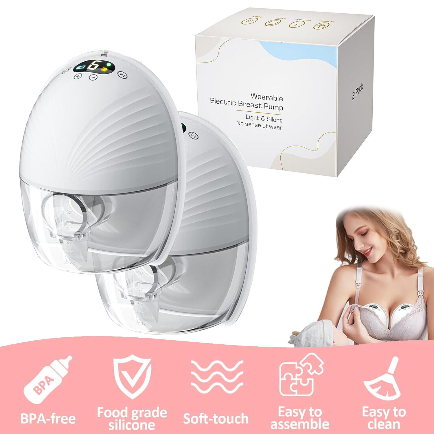 2 PCS Wearable Electric Breast Pump Silent Hands Free 9 Levels Auto Milker USB