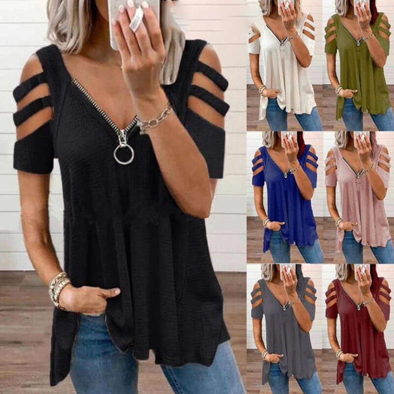 Xia Oumei's New Off Shoulder Short Sleeved V-Neck Zipper Solid Color T-Shirt Top, Women's Trendy Clothing, Fashionable And Casual Temperamen