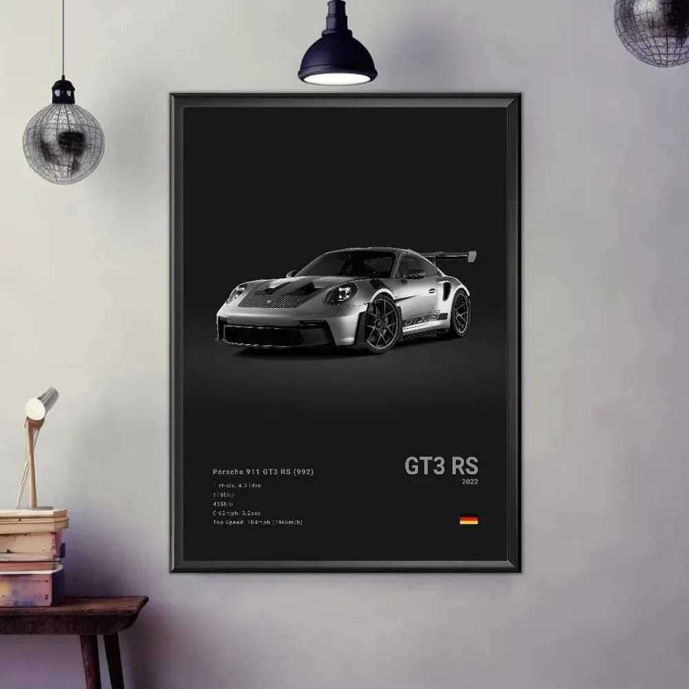 Fashion German luxury sports car 911 GT3 RS black and white canvas painting poster printing living room garage decoration picture W241128