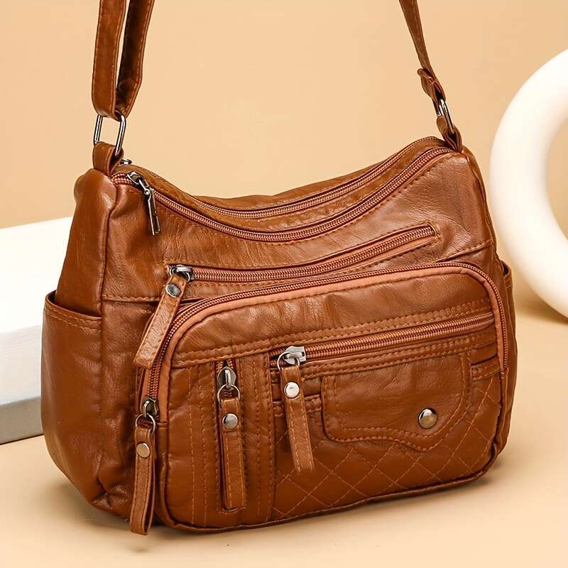 Multi-Pocket Soft Vegan Leather Crossbody Bag - Chic Zipper Accents, Spacious Shoulder Handbag for Everyday Elegance