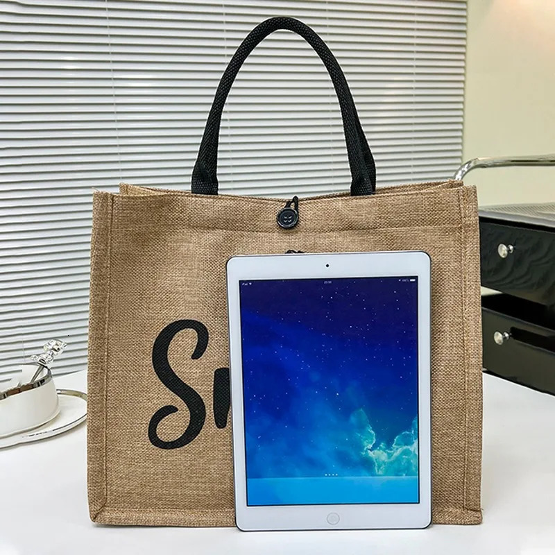 Tote Woven Bag Women Handpainted Pattern Letter Canvas Shopping Handbag 241203