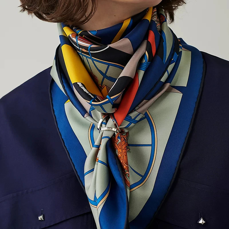 Women Silk scarf 90 ring Scarves Buckle Shawls Button Bandanas Holder Brooch Fashion Style Accessories Gift Trio