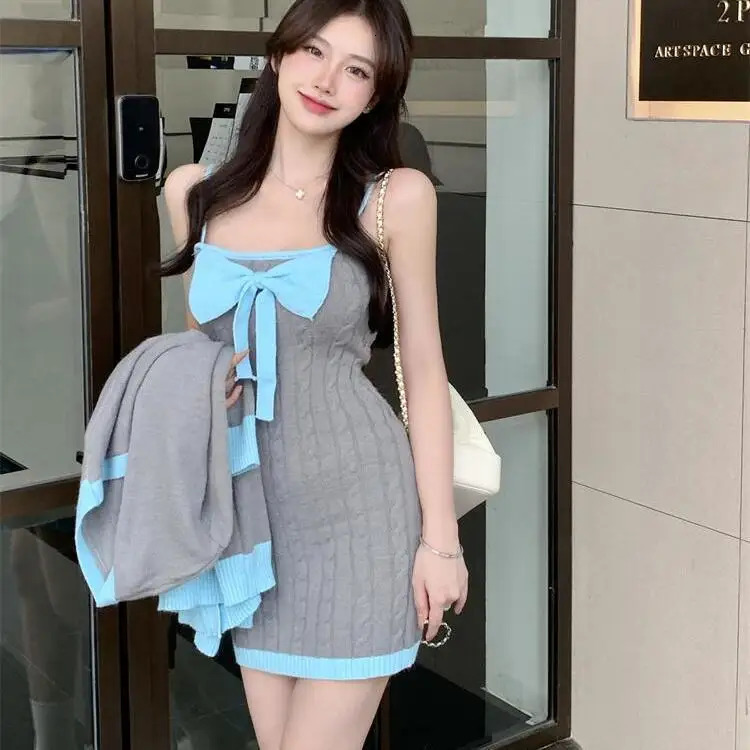 Color Blocking Vneck Sweater Cardigan Jacket Women Autumn Winter Set Butterfly Knot Knitted Suspender Dress 2 Piece 241129