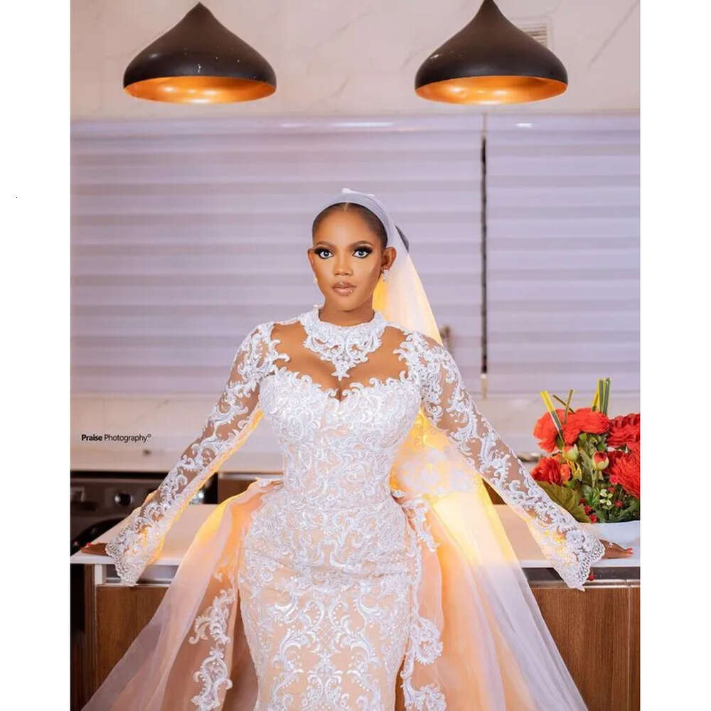 Arabic Aso Plus Oct Ebi Size Champagne Mermaid Wedding Dress Lace Detachable Train Bridal Gowns Dresses Zj Es