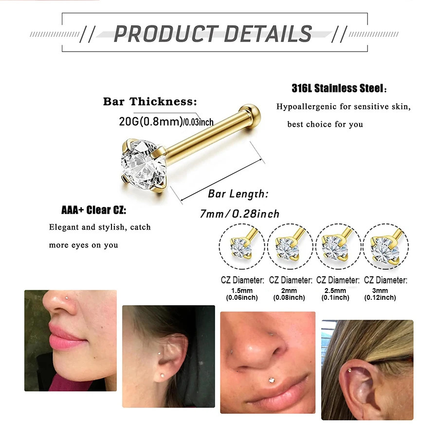 4pcs 4 size Cubic Zirconia Nose Piercing Jewelry Studs 20G Bone L Shaped Shiny Crystal Nostril 241125
