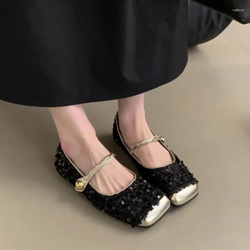 Casual Shoes Women's Costume Tweed Mary Janes Square Toe Designer Bg Ballet Flats For Woman Gold atos Mujer 1791N
