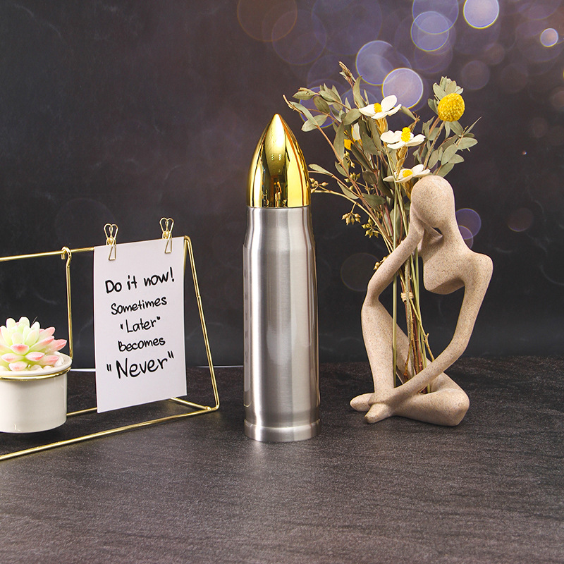 Outdoor Stainless steel bullet bottle Copper gold color 350ml 500ml keep warm Travel Double-insulated thermos camping shotgun shell water bottle