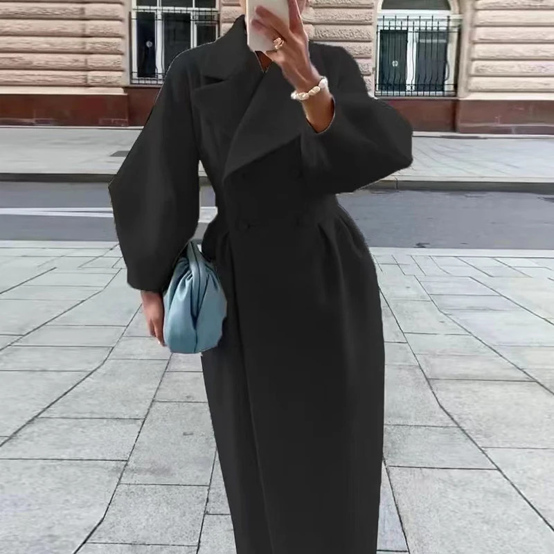 Retro Court Style Lantern Sleeve Woolen Long Coat Elegant French Windcoat Autumn Winter Doublebreasted Solid For Women Clothes 241129