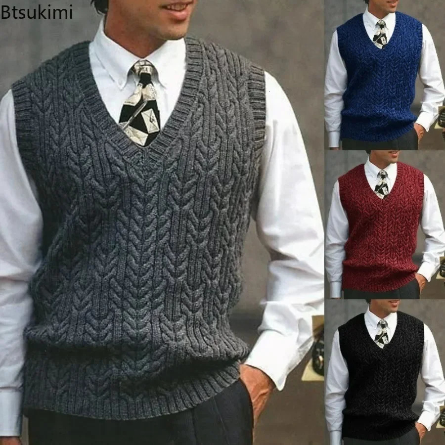 2025 Mens Autumn Winter Warm Casual Knitted Sweater Vest Sleeveless V Neck Fleece Western Sweaters for Men Sueter Para Hombre 241129