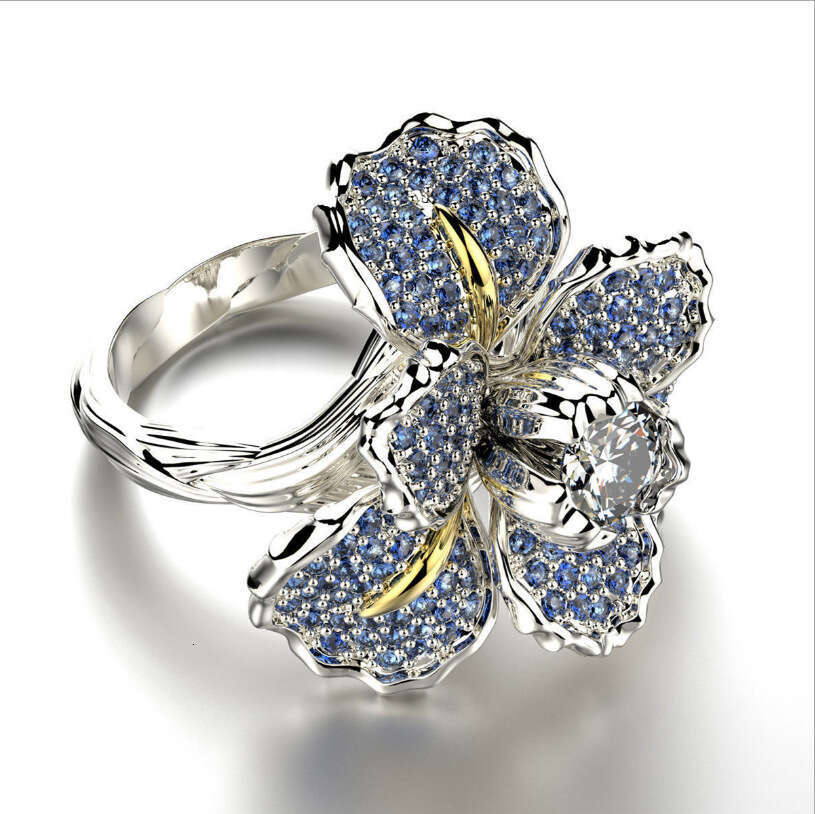 Micro inlaid with diamond iris dual color ring, blue topaz flower engagement cocktail ring for women