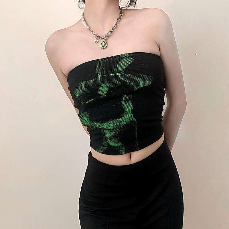 2021 New Summer Women's Wear Color Contrasting Slimming Bottom with Sexy Mind Machine Off Shoulder, Skincare, and Umbilical Tank Top