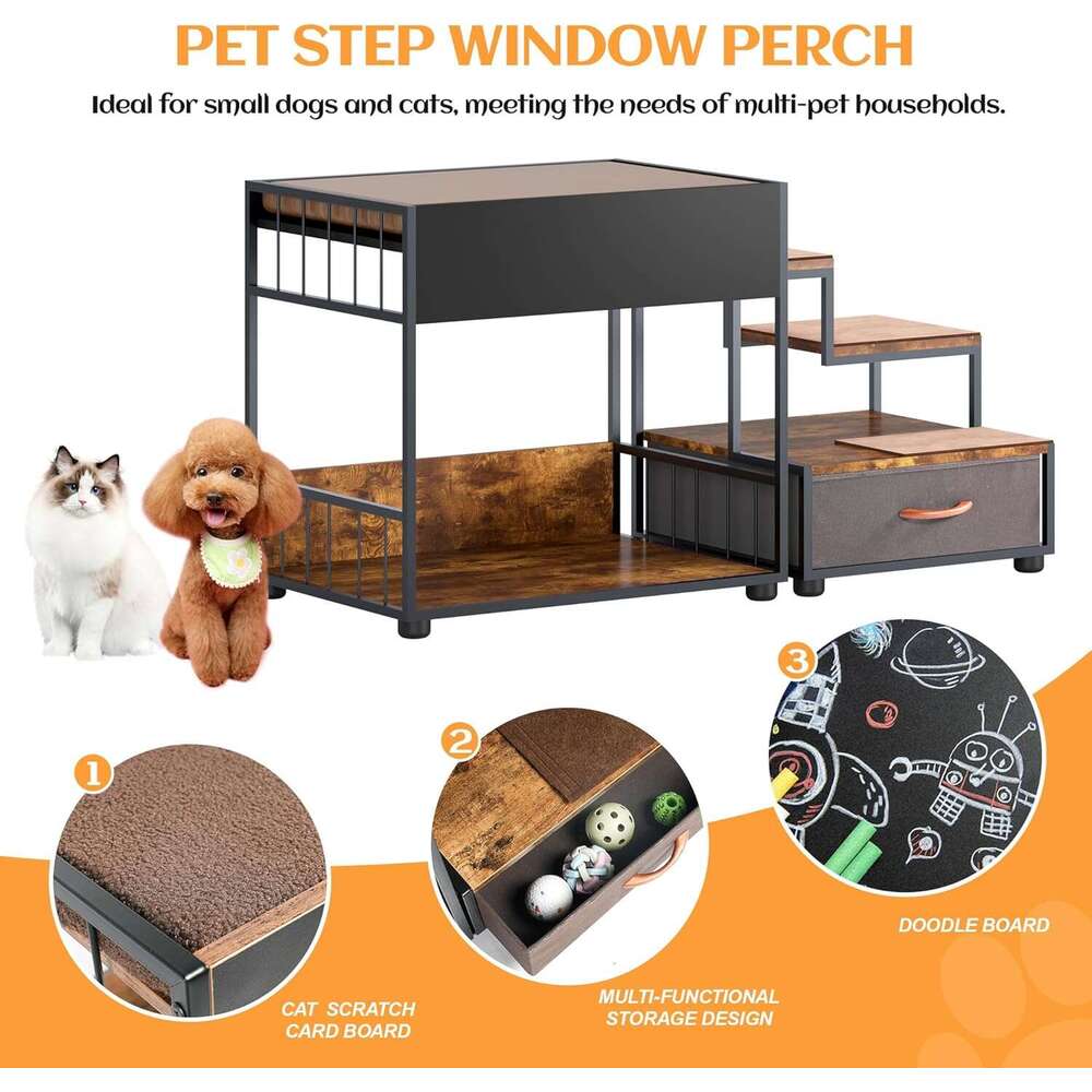 Pet Step Perch,Bunk Bed Window Perch For Dog Bedide Lounge Elevated Dog Bed Multi-Level Platform With Sponge, Non-Slip Pad And Storage,Vintage