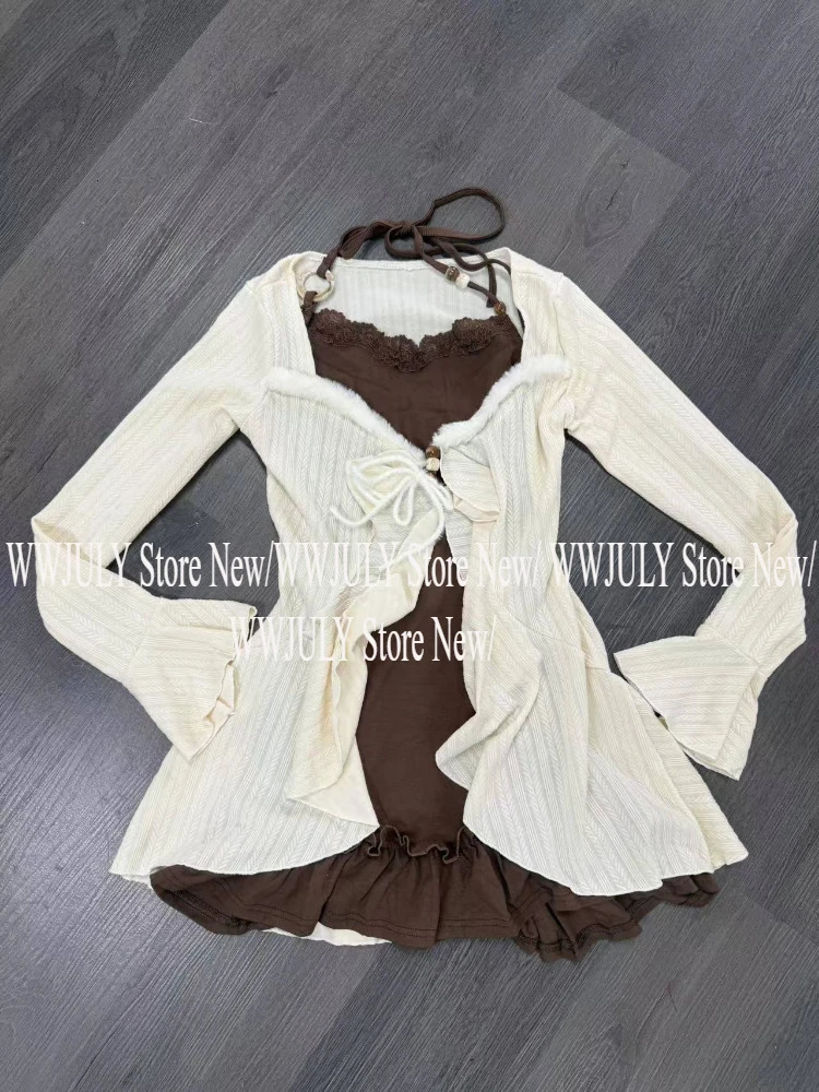 American Style Vintage 2 Piece Set Spicy Girl Sexy Sleeveless Mini Dress Knitted Ruffle Y2k Cardigan Korean Fashion Suit Woman 241129