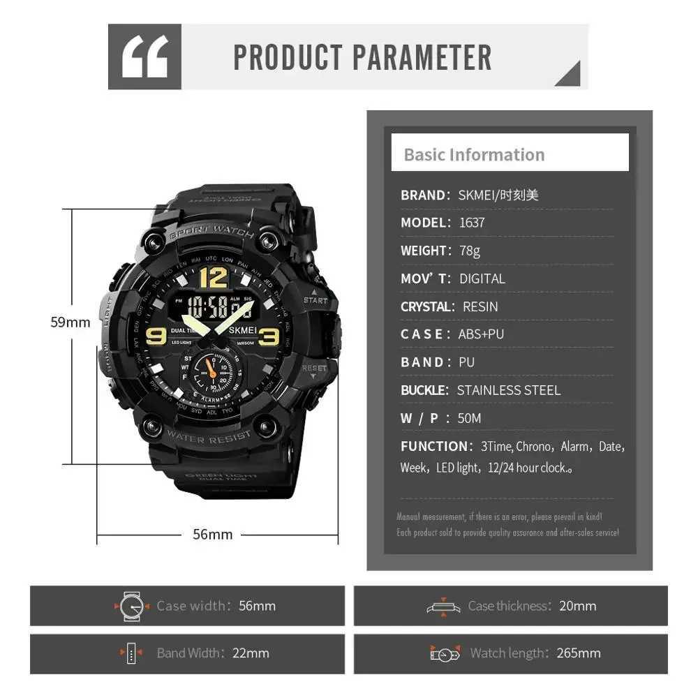 SKMEI Dual Movent 3 Time Sport Watch for Men Waterproof Ectronic es Montre hme Digital Mens 1637 M241128