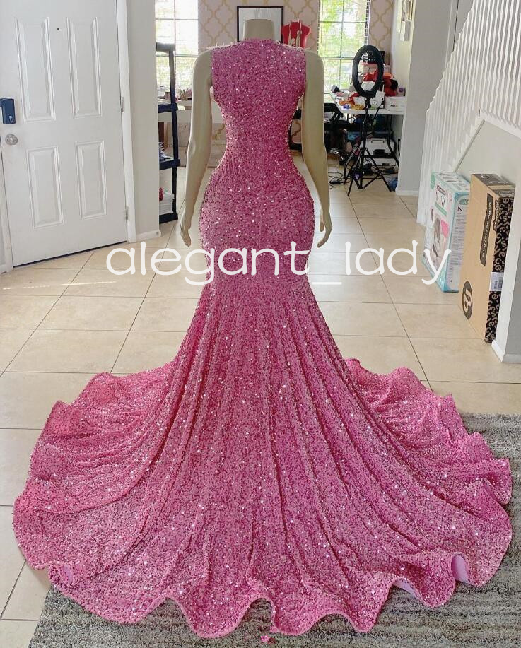 Sparkly Long Pink Mermaid Prom Ceremony Party Dresses for Black Girl 2024 Luxury Diamond Feather Velvet Evening Gown Gala