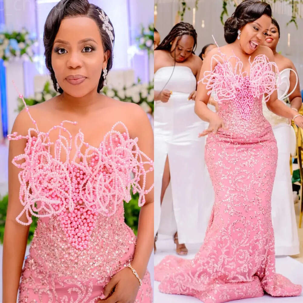Aso Florals Pink Ebi Mermaid Prom Dress Pearls Sequined Evening Formal Party Second Reception Th Birthday Engagement Gowns Dresses Robe De Soiree Zj E