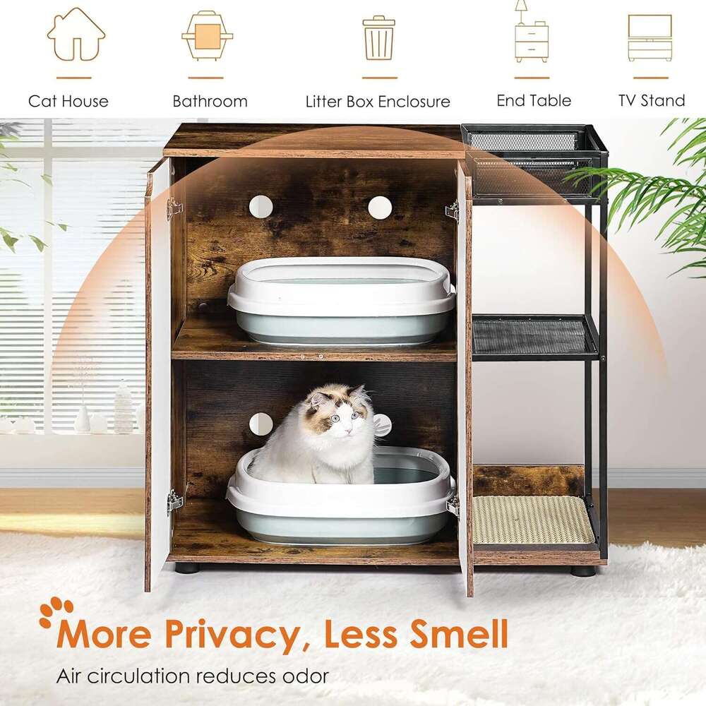 DOSSMBOLA Encloure For 2 Cat - Box Furniture, Encloed Litter Boxe, Cat Furniture Cabinet -White Brown