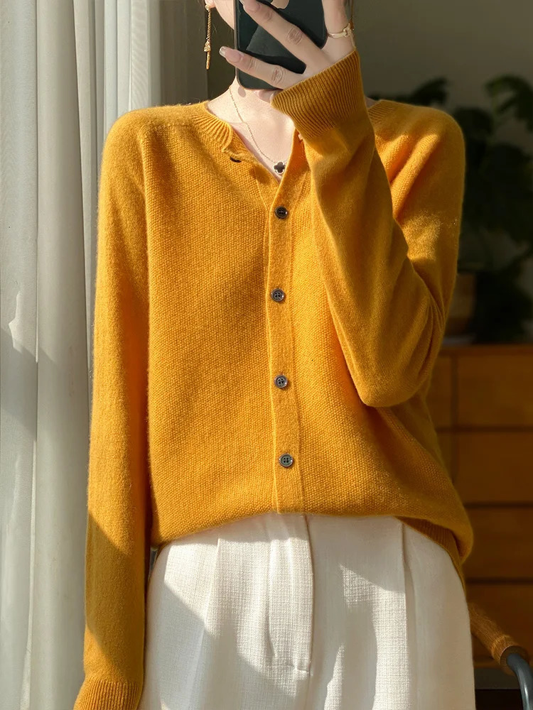 100% Merino sweater womens first-line ready cashmere cardigan solid color autumn and winter womens top 241128
