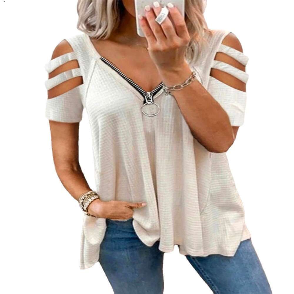 Xia Oumei's New Off Shoulder Short Sleeved V-Neck Zipper Solid Color T-Shirt Top, Women's Trendy Clothing, Fashionable And Casual Temperamen
