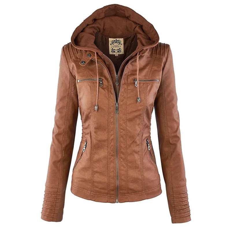 Faux Leather Jacket Women Khaki Winter Motorcycle Gothic Hoodies Outerwear PU Basic Coat 241129