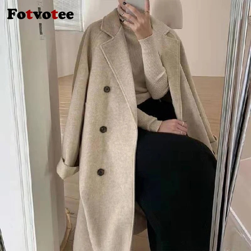 FOTVOTEE Women Midi Length Wool Coat Elegant Lapel Double Breasted with Belt Outerwear Autumn Winter Temperament Streetwear 241129