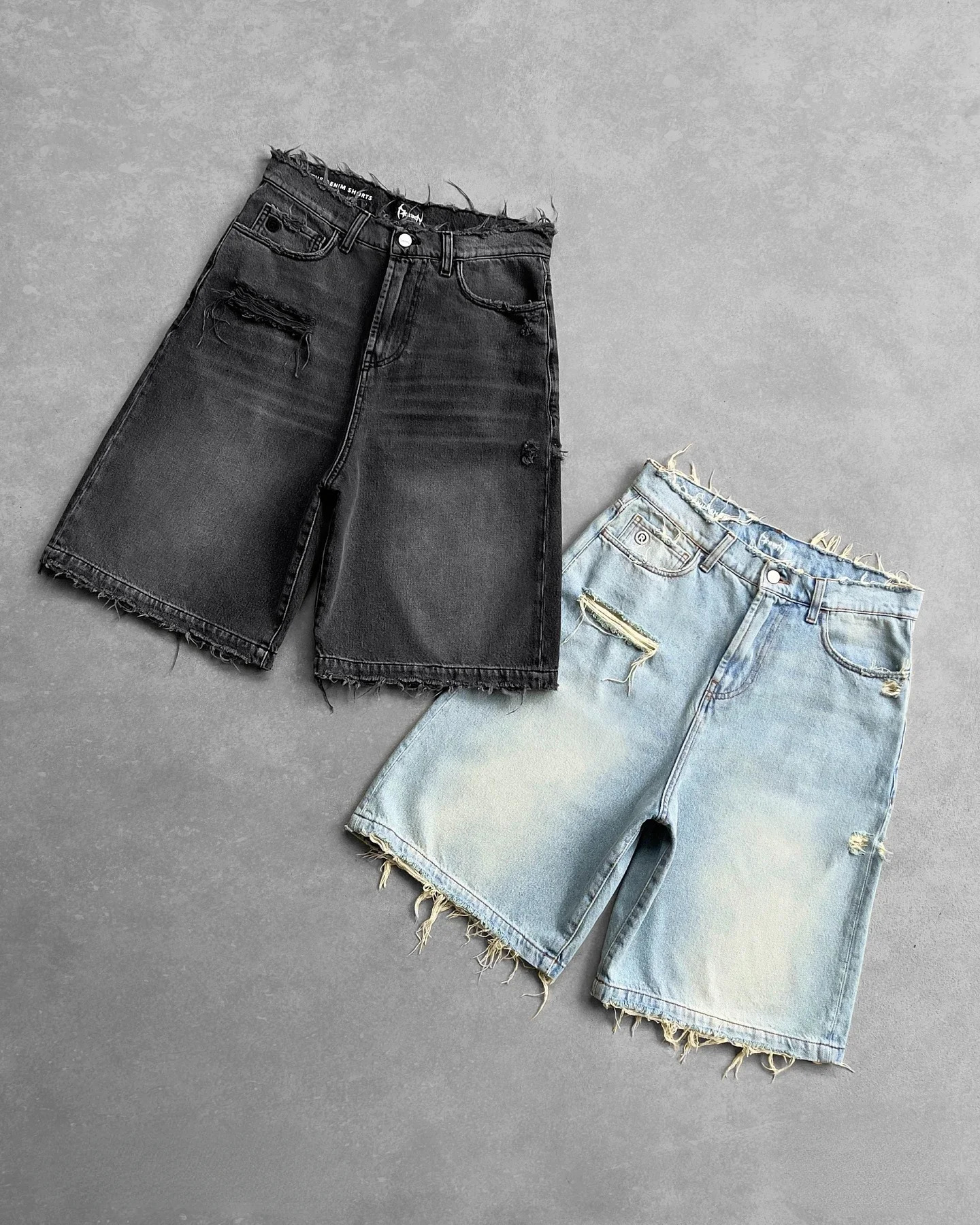 Y2k Black Punk Washed Baggy Work Shorts Men Women Fashion Hip Hop Ripped Hole Denim Vintage Raw Edge Jorts Streetwear 241126