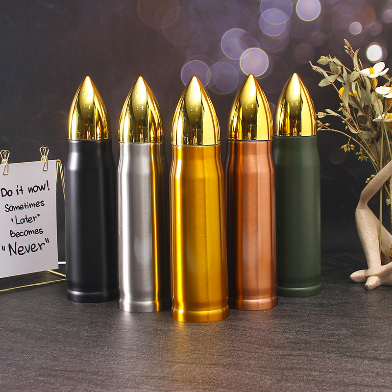 Outdoor Stainless steel bullet bottle Copper gold color 350ml 500ml keep warm Travel Double-insulated thermos camping shotgun shell water bottle