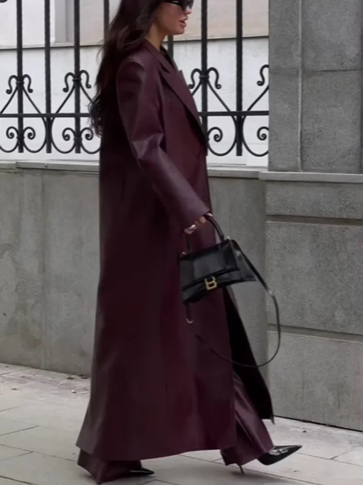 Fashion Vintage Burgundy Red Faux Leather Jacket Casual Padded Sleeve Oversized Overcoats Winter Lady Commute Street Outerwears 241129