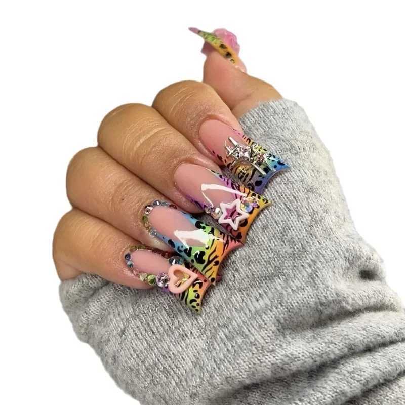 24Pcs Duck-bill Shaped Press On Nails Wearable Fake Nails Love Brown Leopard French Edge Removable False Nail For Women GirlsXJ241128