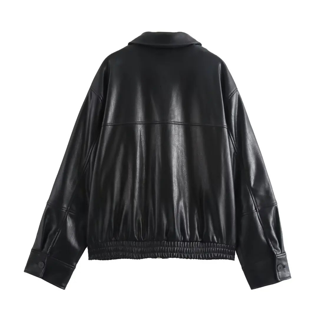 TRAF Faux Leather Bomber Jackets Woman 2024 Black Pleated for Women Fall Zipper Womens Jacket Long Sleeve 241129