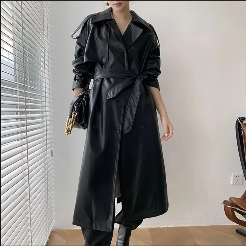 Autumn and Winter Long Womens Leather Jacket Fashionable Ladies Doublebreasted Buckle Belt Trench Coat 241129