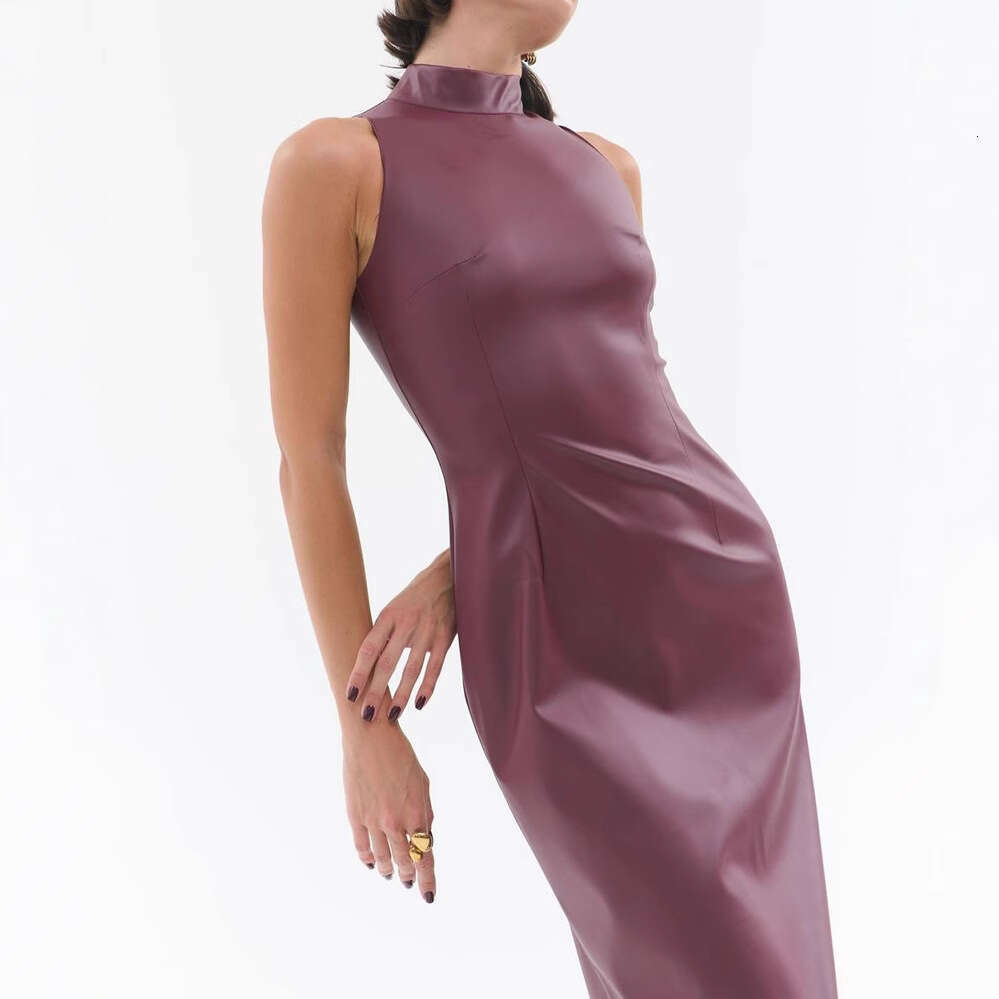 Women's 2024 sleeveless stand up collar temperament slit dress slim fit solid color PU leather skirt