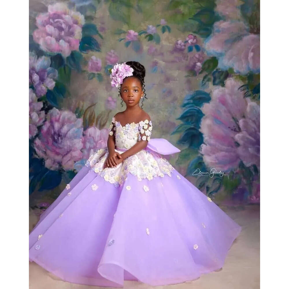 Neck Flower Dresses Lilac Sheer Ball Gown Tulle Short Sleeves Vintage Little Girl Peageant Dress Gowns Zj S