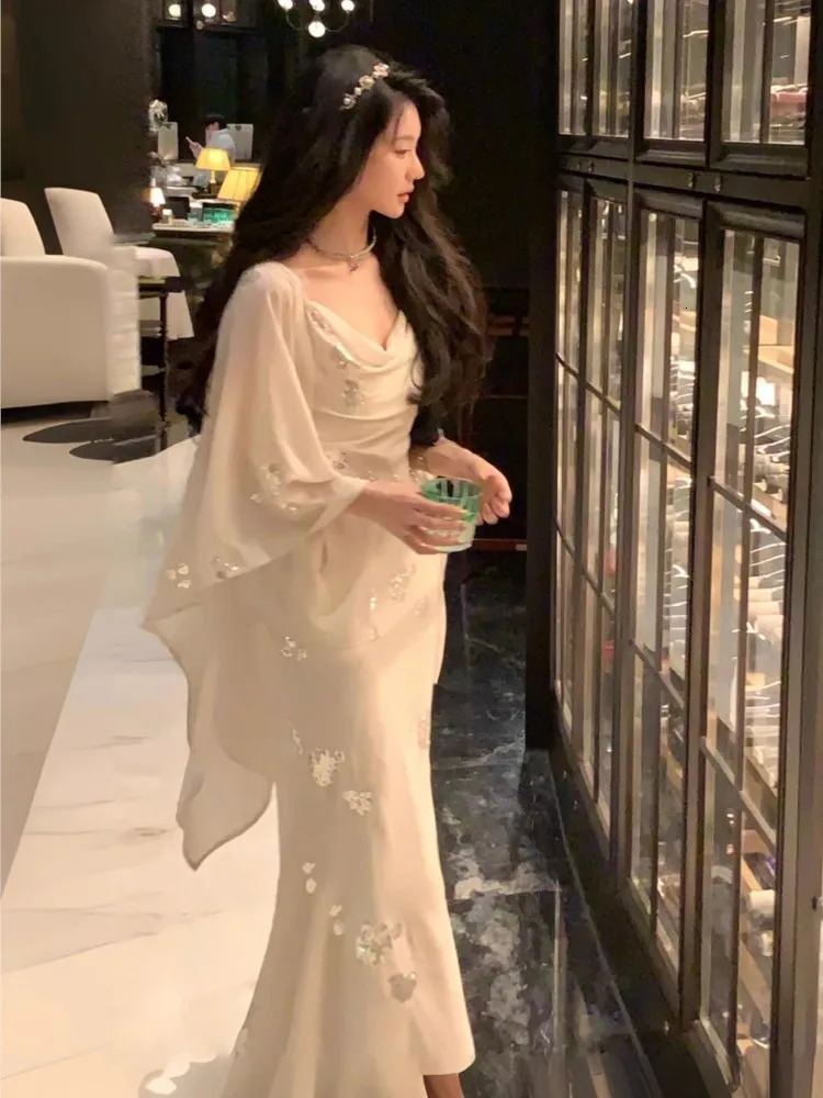 Fashion British Style Mermaid Dress 2 Piece Set Korean Sequin Cloak Pleated Skirt Suit Summer Women Party Clothes Outfits 241129