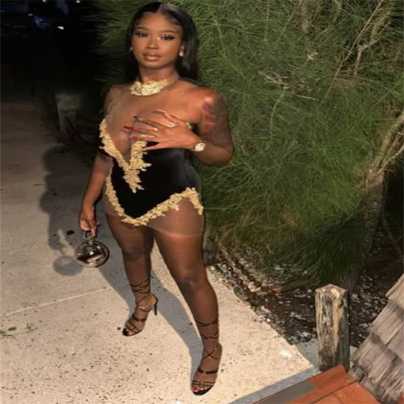Charming Black And Gold Prom Dress For Black Women See Through Lace Short Evening Dress African Graduation Cocktail Party Dress Homecoming Wear Vestio