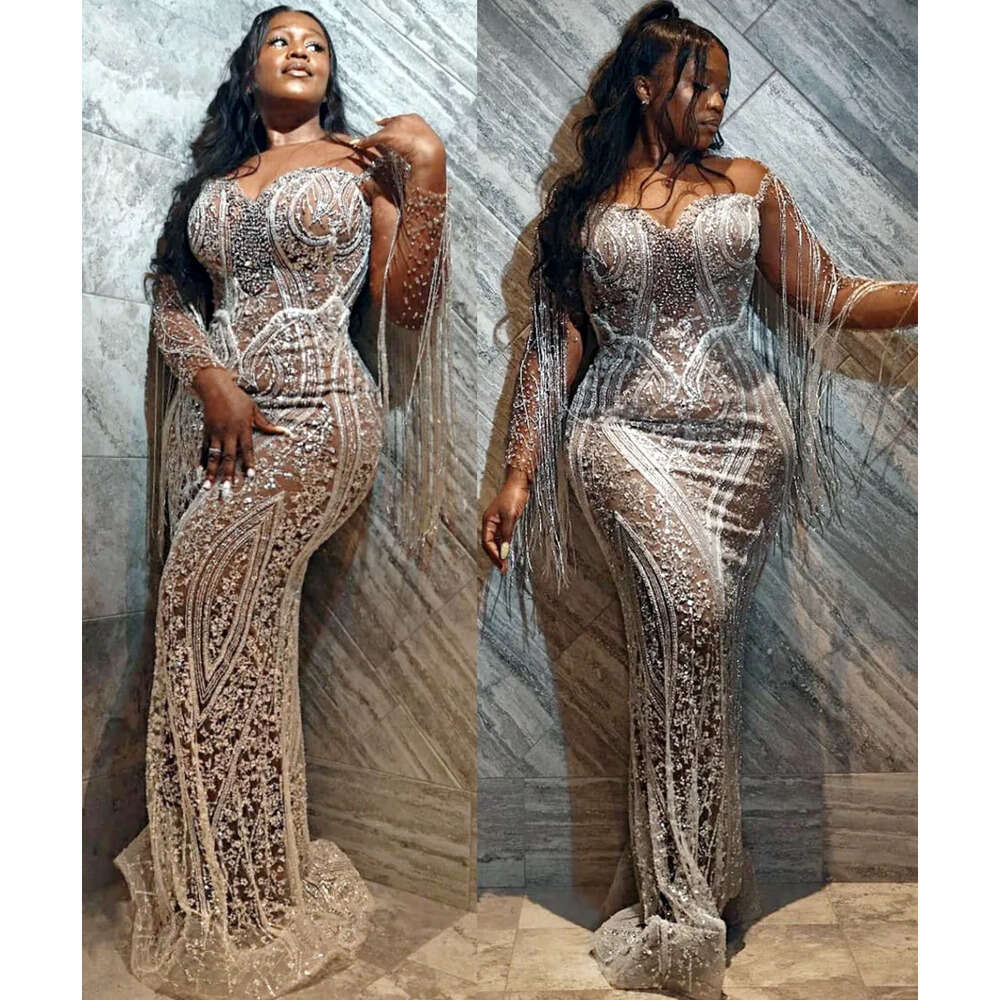 Aso Plus Size Arabic Ebi Urious Sier Mermaid Prom Dresses Beaded Lace Sheer Neck Evening Formal Party Second Reception Gowns Dress Zj 6660306