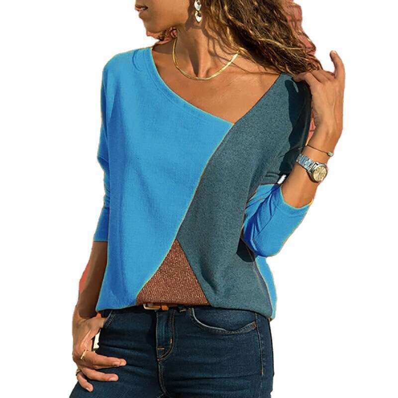 New Hot Splicing Color Blocking Round Neck Long Sleeved Casual T-Shirt For Women, Trendy Clothing, Fashionable Temperament B4