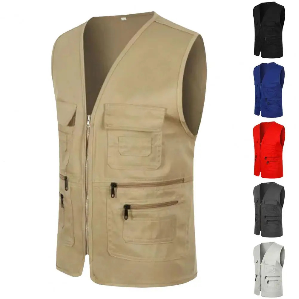 Men Vest JacketMultiple Pockets Zipper Sleeveless Fishing Waistcoat Camping Work Clothes V Neck Outdoor Volunteer 241129