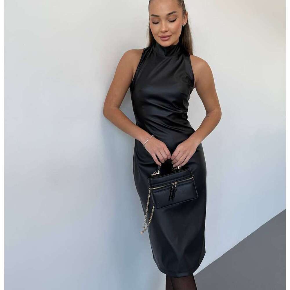 Women's 2024 sleeveless stand up collar temperament slit dress slim fit solid color PU leather skirt