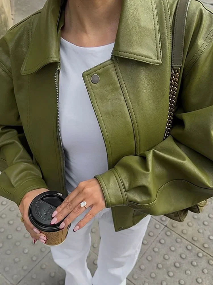 Chic Long Sleeve Single Breasted Pocket Loose Coat Women Retro Green Lapel Leather Jacket 2024 Fall Winter Lady High Streetwear 241129