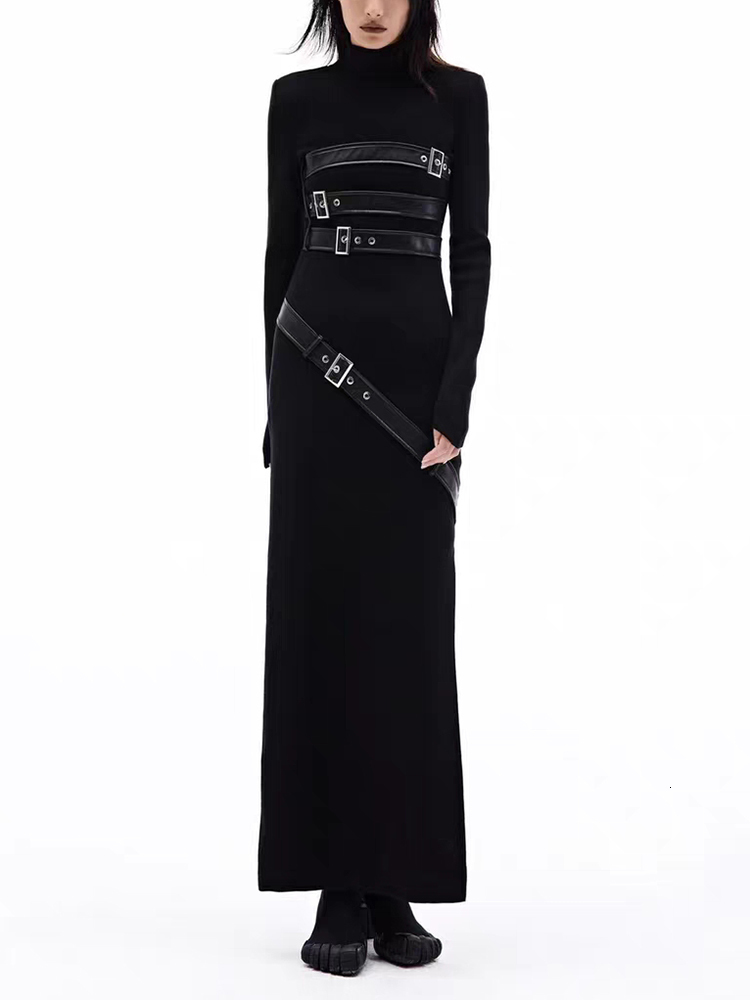 Spliced Belt Split A E Dresses For Women Stand Collar Long Sleeve High Waist Slimming Dress Female Fashion New