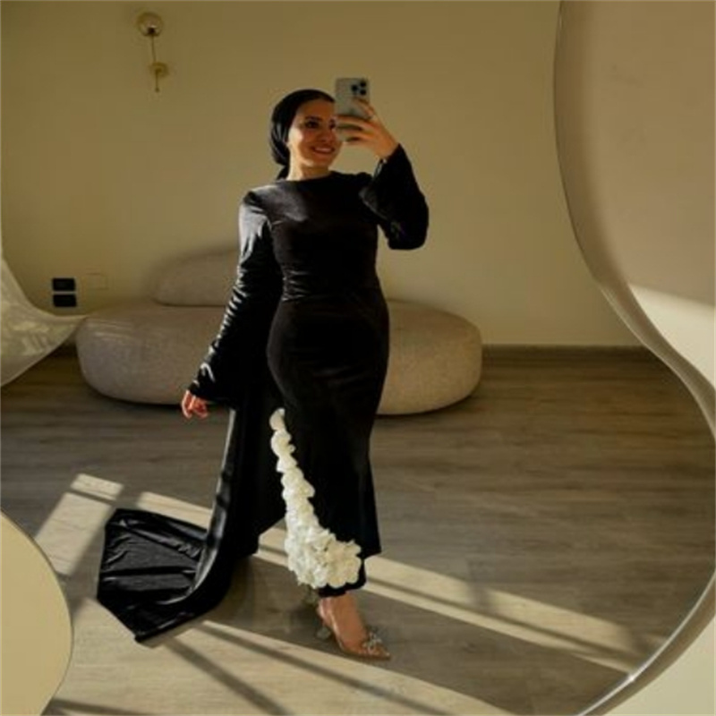 Charming Black Muslim Evening Dress With 3D Florals Elegant Midi Maxi Prom Dess Arabic Dubai Formal Velvet Party Gown Second Reception Dress Birthday 