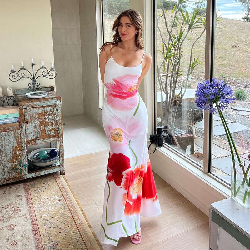 Spring Women's Fashion Print Hanging Strap Open Back Sexy Long Beach Dress Children's Spicy Girl