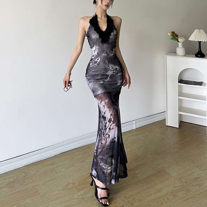 Wind 2024 summer women's clothing new Chinese ink style sleeveless slim fit bag buttocks mesh dress
