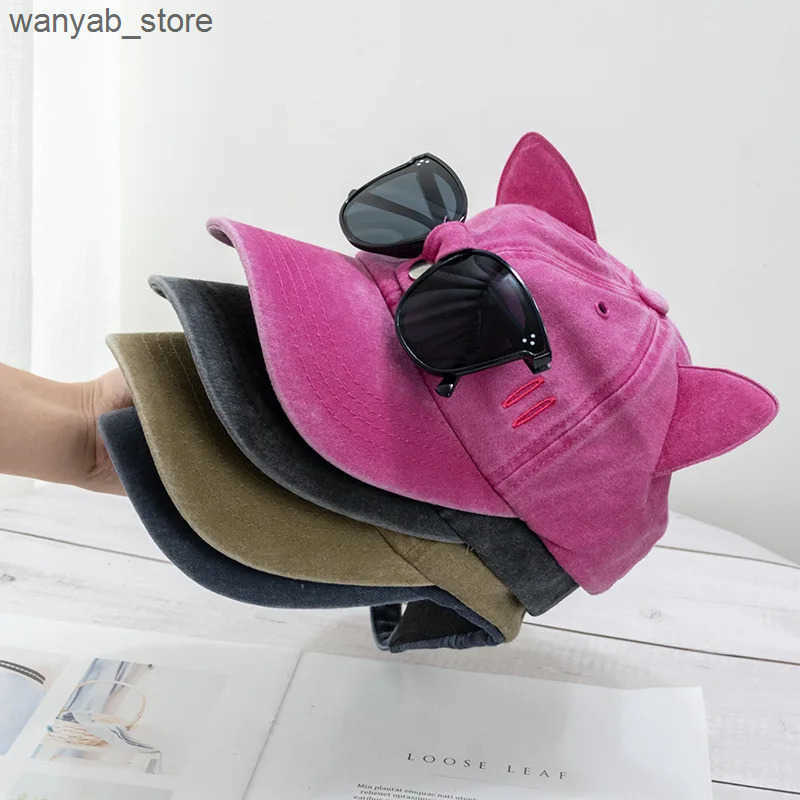Ball Caps Washed baseball cap with glasses suitable for both women and men cat ear pilot snap cap gorilla outdoor sun hat unisex style L240910