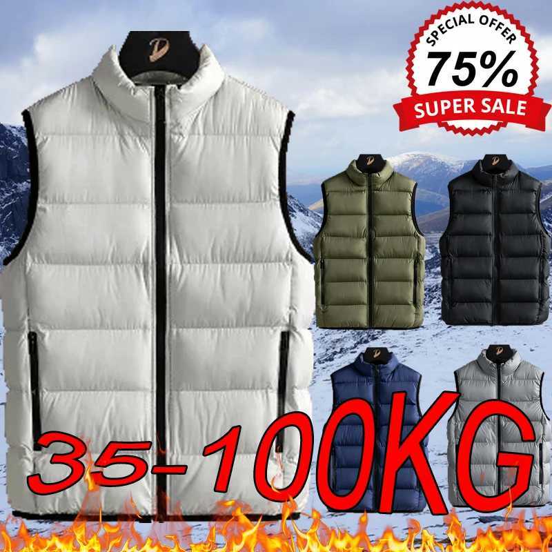 Men's Down Parkas M-6XL Plus Size Warm Vests Mens Autumn Winter Plus Velvet Stand-up Collar Youth Vest Jacket Solid Color Casual Sleeveless Coats