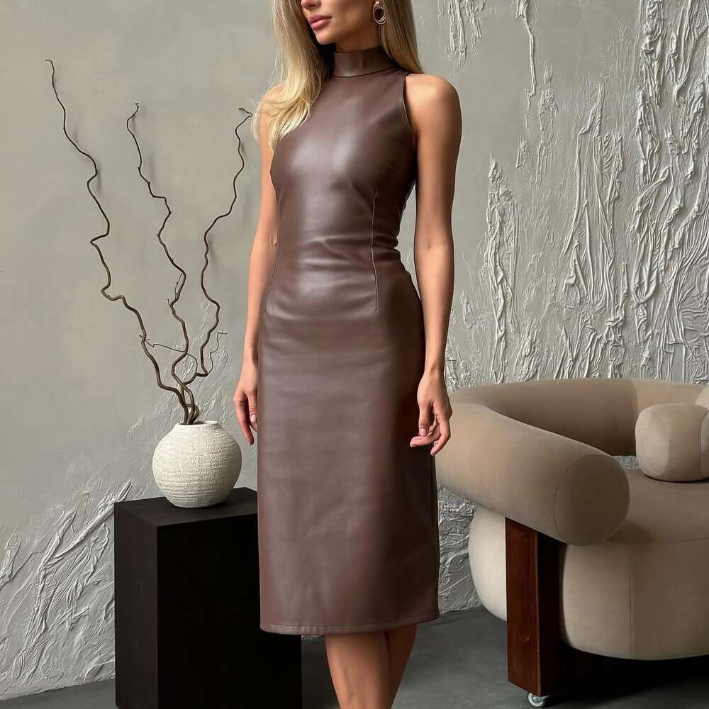 Women's 2024 sleeveless stand up collar temperament slit dress slim fit solid color PU leather skirt