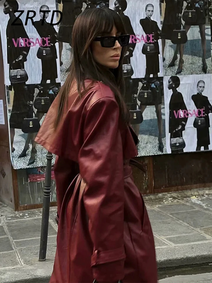 Street Womens Burgundy Leather Overcoat With Belt Lapel Single Breasted Full Sleeve Long Coats 2024 Winter Lady Retro Outwear 241129