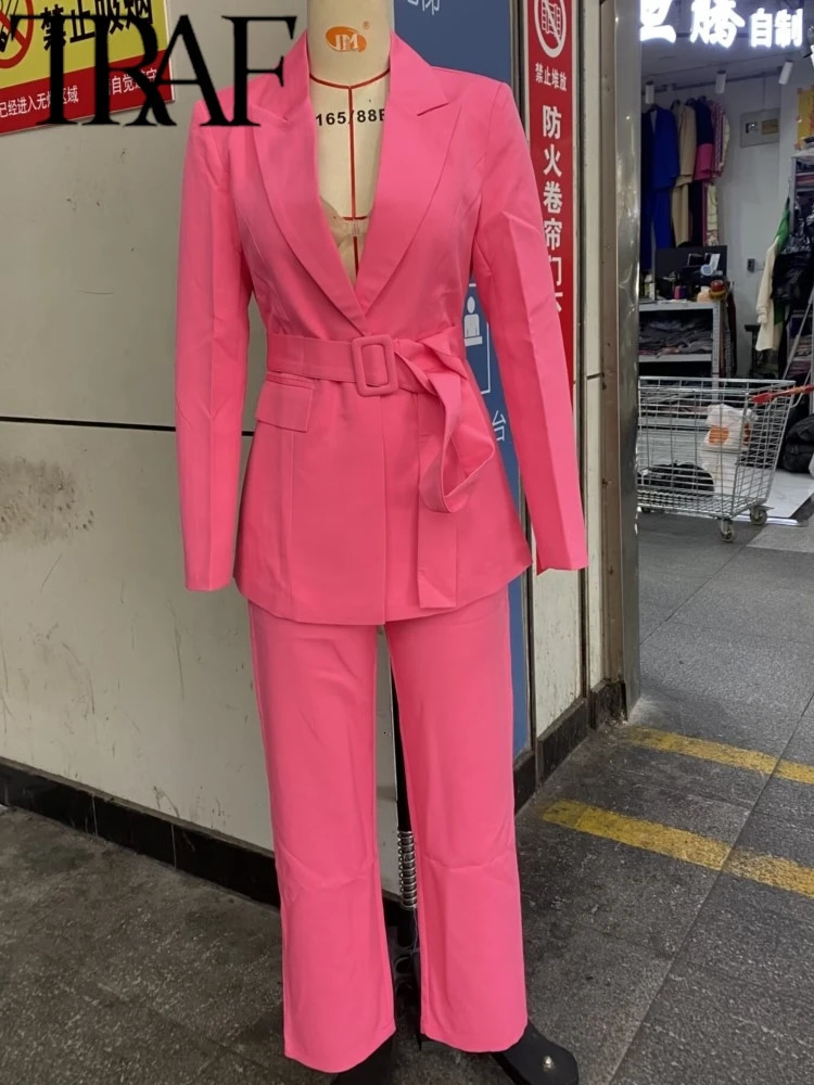 TRAF GAL Office Women Rose Red With Belt Blazer Suits Long Sleeve Jacket Female Spring Full Length Pants Sets Y2K Trousers 240423