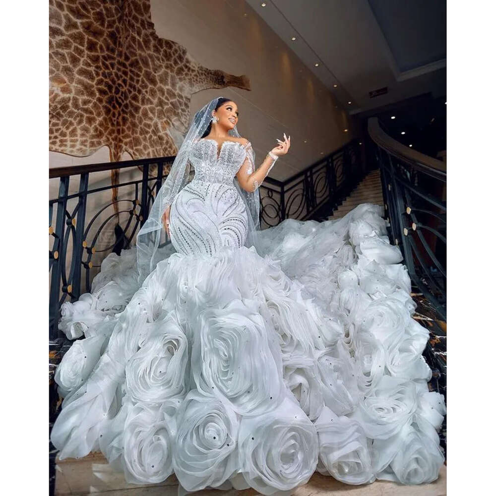Mermaid Ebi White Arabic Aso Wedding Dress Beaded Crystals Lace Detachable Train Bridal Gowns Dresses Zj6065 es
